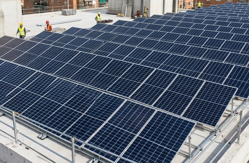 Multi-story building under construction with solar panels on the roof and workers wearing safety gear