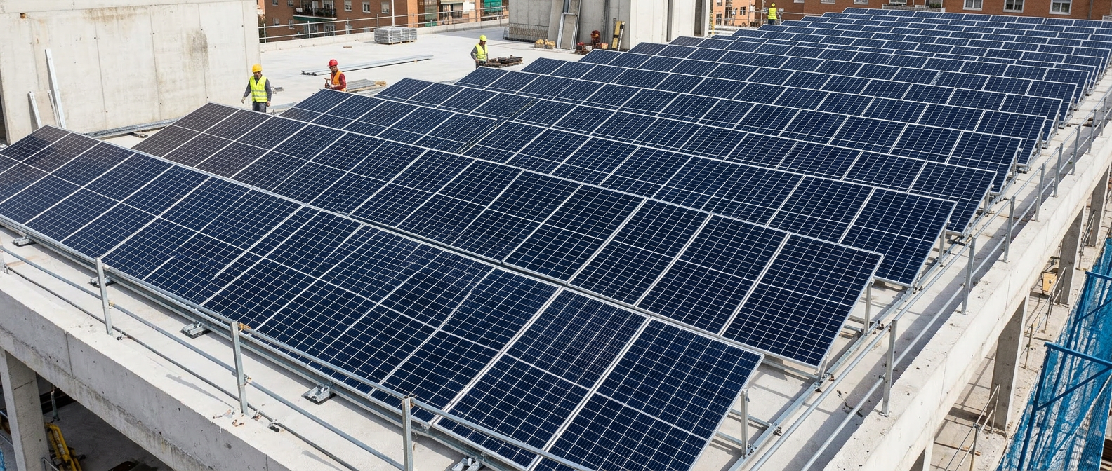 Multi-story building under construction with solar panels on the roof and workers wearing safety gear