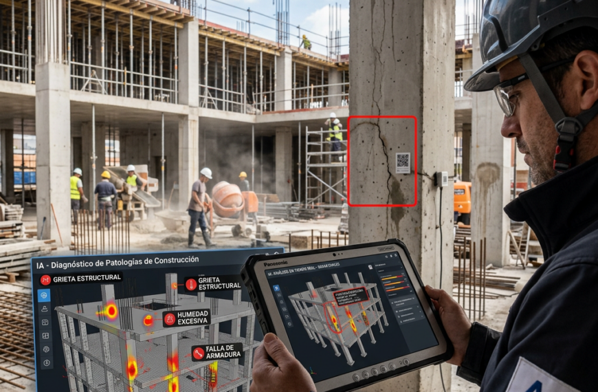 Engineer examining structural defects on building using AI diagnostic tablet