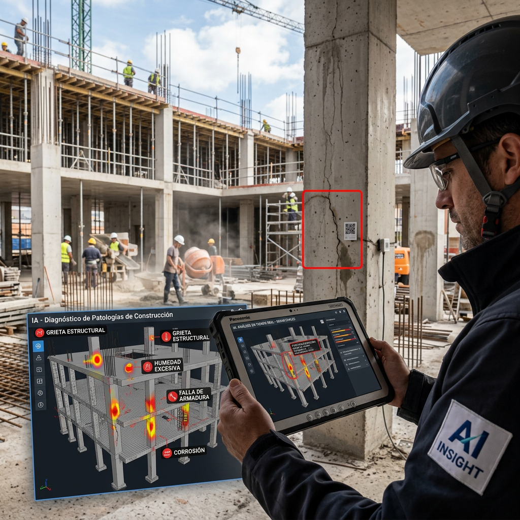Engineer examining structural defects on building using AI diagnostic tablet
