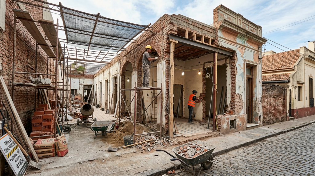 Two construction workers renovating a brick building with scaffolding and tools