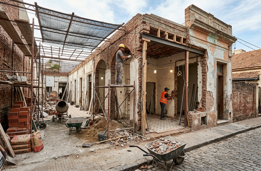 Two construction workers renovating a brick building with scaffolding and tools